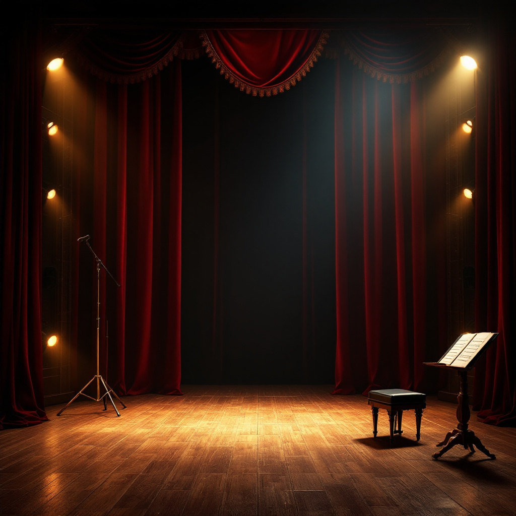 Bühne mit rotem Vorhang und Klavier für die schönsten Musical Songs zum Mitsingen