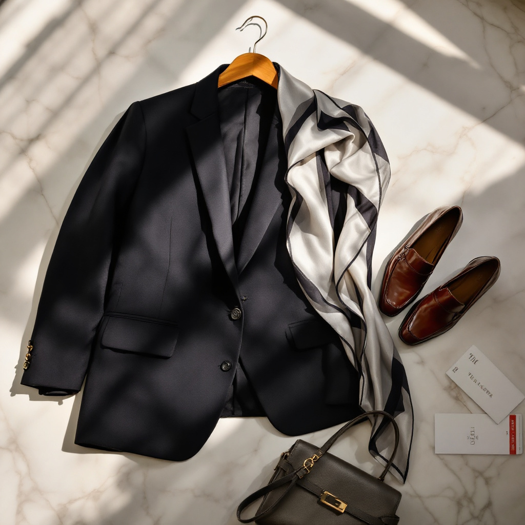 Elegantes Outfit mit Blazer, Schal und Schuhen als Inspiration was anziehen zum Musical Besuch